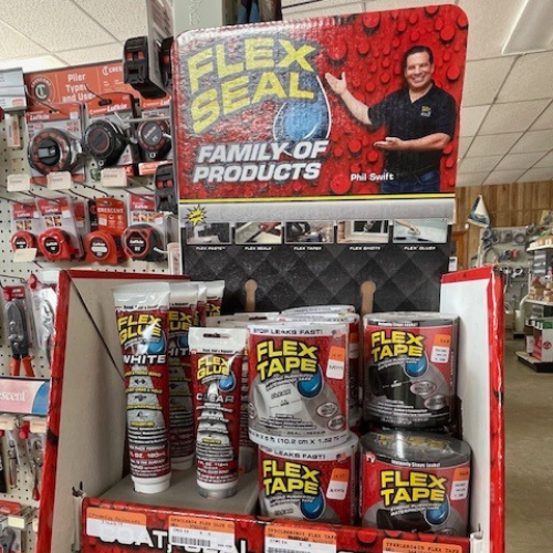 Close-up of our display featuring Flex Seal Family of Products, specifically showcasing Flex Glue and Flex Tape.