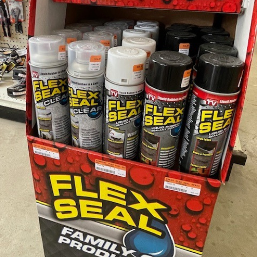 Close-up of our display featuring the Flex Seal Family of Products, highlighting Flex Seal.