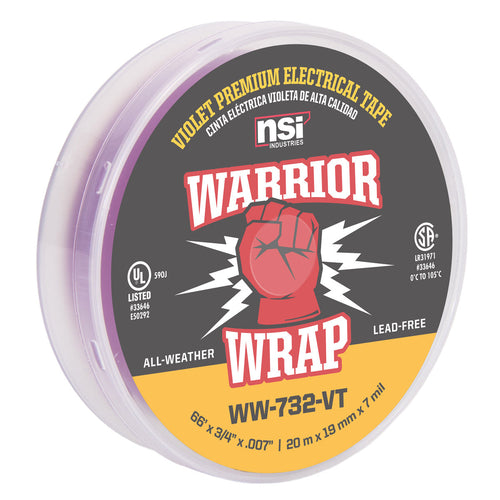 NSI Industries WW-732-VT WarriorWrap Premium 3/4 in. x 66 ft. 7 mil Vinyl Large Electrical Tape, Violet